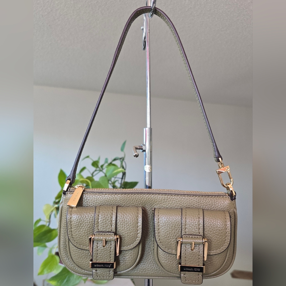 MICHAEL Michael Kors Zoe Small Leather Safari Green Shoulder Bag Wristlet